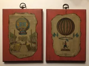 Vintage Luftballon Technologie Farbradierungen hängende Holztafeln (2) B14 - Bild 1 von 12