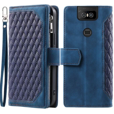 Estuche tipo billetera romboidal Asus Zenfone 6 ZS630KL, estuche de cuero de lujo con cremallera abatible para tarjetas Foto 1 de 4