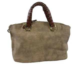 London Fog Purse Double Handle Sand Lizard Weaved Leather Zipper Handbag Tote - Picture 1 of 14