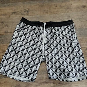 American Eagle Men's L (37) Board Shorts Swim Trunks Black White Gray Geometric  - Picture 1 of 6