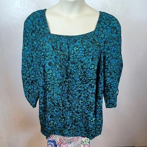 Terra & Sky Women's Plus Size Square Neck Ruched Top-3X-Floral-Blue-Black - Picture 1 of 6