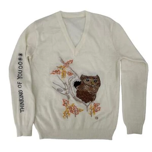Vintage Sweater Owl Embroidered Cyn Less Shirlee Designs Cream Small - Picture 1 of 9