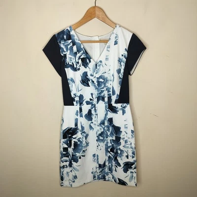 Banana Republic Floral Dress Size 2 Womens Blue White Cap  Sleeve Sheath - Image 1 of 4