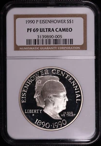 1990-P Eisenhower Centenario Dólar de Plata Conmemorativo NGC PF-69 Ultra Cameo - Imagen 1 de 2