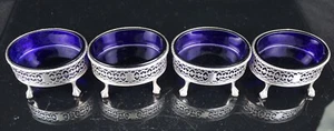 Set of 4 Antique Robert Hennell 1772 Sterling Salt Cellars w/Cobalt Glass Insert - Picture 1 of 15