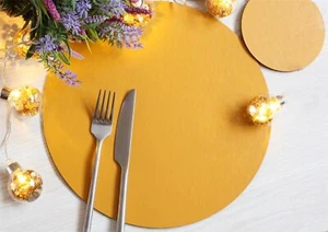 8 Elementary Mustard Bonded Leather Round Placemats and 8 Coasters - UK Made - Picture 1 of 1