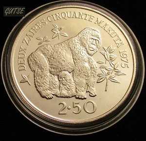 ZAIRE, 2,50 ZAIRES 1975, GORILA DE MONTAÑA, PLATA, SIN CIRCULAR, ESCASO. - Imagen 1 de 2