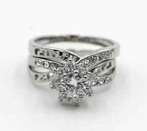 18KGP White Gold AAA Cubic Zirconia Round Weding Band Engagement Bridal Ring Set