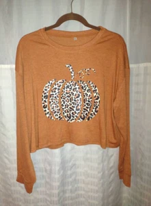 NEW XL Women's Orange Leopard Pumpkin Graphic Long Sleeve Top Fall Halloween - Picture 1 of 3