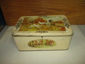 Cofre de hojalata vintage Etabl J. Schuybroek S. A. Hoboken-Anvers caballos y perros de caza - Imagen 1 de 12