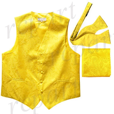 New Men's Paisley Tuxedo Vest Self-tie Bowtie set party Yellow wedding formal - Image 1 of 4
