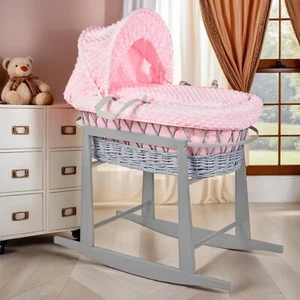 Luxus Moseskorb gepolstert Weide Baby Komplettset Schaukelständer grau Griff/rosa - Bild 1 von 4