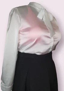 White Satin pussybow blouse hidden button placket. 42"/ 44" bust New 16/18 UK - Picture 1 of 5