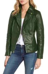 ELEGANT New Women's Green Leather Jacket 100% Real Lambskin Moto Biker Jacket - Picture 1 of 8