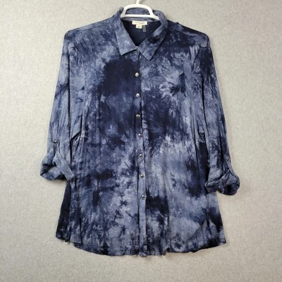 Camisa de viscosa con botones Simply Noelle Blue Tye Dye RTS para mujer Plus XXL Foto 1 de 4