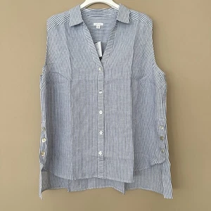 NWT J Jill Love Linen Sleeveless Collared Shirt 2X Beachy Blue White Stripe Naut - Picture 1 of 10
