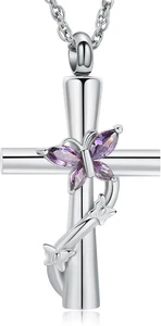shajwo Cremation Jewelry Butterfly Cross Urn Necklaces for Silver-Purple - Picture 1 of 7