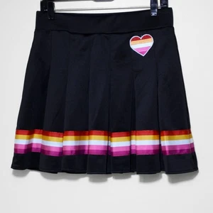 Body Rage Junior's Black Striped Pleated Cheerleader Skater Skirt Pink Heart S - Picture 1 of 4