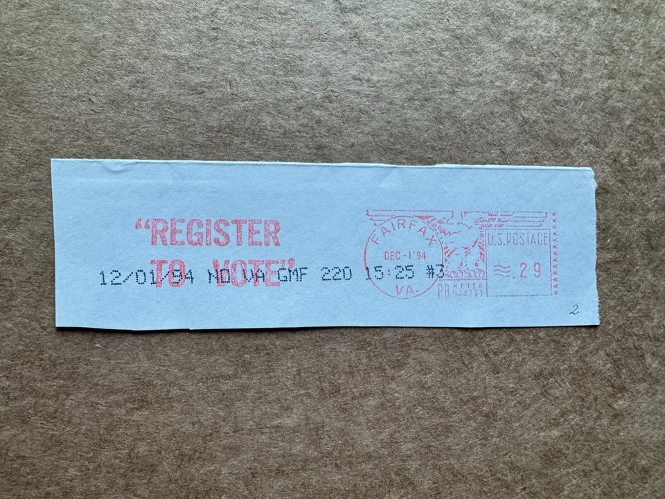 US  VOTE Thematic Meter Cover(02) 1994 Register to Vote Ad +Fairfax VA +PB944777 - Image 1 of 1