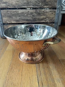 Vintage 9'' Copper Colander Strainer Brass Handles Pedestal Made In Korea Nice - Picture 1 of 23