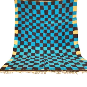 Vintage Moroccan Berber Rug Handwoven Checkerboard Blue Rug Boujaad Kilim Rug - Picture 1 of 24