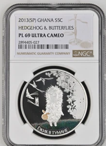5 CEDIS 2013 GHANA ANIMATION HEDGEHOG IN FOG BUTTERFLIES SILVER PROOF NGC PF69 - Picture 1 of 4
