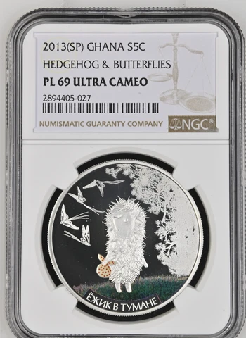 5 CEDIS 2013 GHANA ANIMATION HEDGEHOG IN FOG BUTTERFLIES SILVER PROOF NGC PF69 Cover