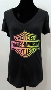 Harley-Davidson Womens Short Sleeve Colorful Sheild T-Shirt Large Black Cotton - Picture 1 of 12