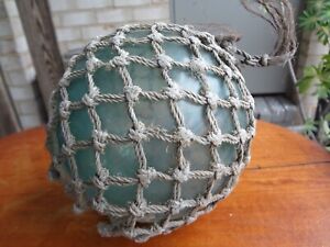Large vintage green aqua blue Glass fishing float rope buoy ball nautical,nr