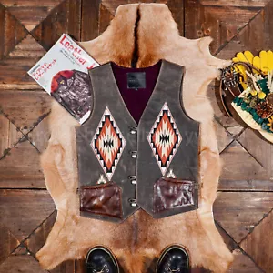 American Vintage Navajo Embroidered Cowhide Vintage Classic Men's Leather Vest - Picture 1 of 14