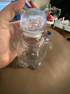 Clear Glass Vintage Jar Bear Wearing Overalls - Picture 1 of 4