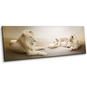 Family of White Lions Contemporary Wildlife Beige Canvas Print Wall Art Wide - Picture 1 of 4