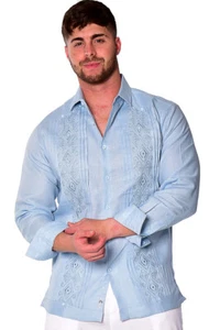 Bohio Men Linen Fancy Guayabera Style Shirt for Men Lt.Blue Embroidered MLFG2034 - Picture 1 of 5