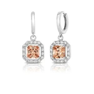 925 Sterling Silver Morganite & White Topaz Princess Cut Halo Leverback Earrings - Picture 1 of 3