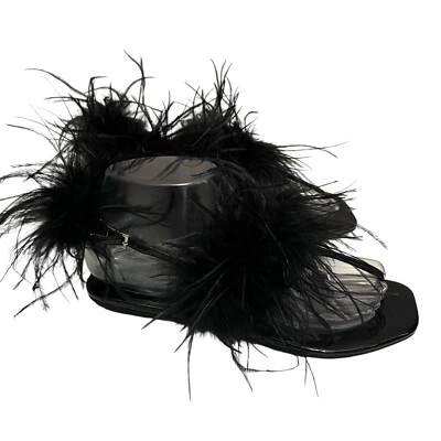 Sandalias Jeffrey Campbell Pluma Avestruz 7M Tanga Plana Charol Negro Foto 1 de 4