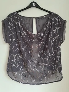 Mint Velvet Sequin Top UK 14 Open Back Sheer Blouse Beaded Silver Grey Worn Once - Picture 1 of 18