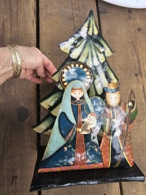 Гаитянский масляный барабан искусство металла. Рождественская сцена и рождественская елка 15 x 11 дюймов - Изображение 1 из 4