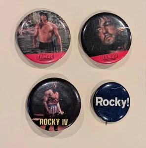 Lot 4 VINTAGE RAMBO FIRST BLOOD Rocky IV  BUTTON 80's ONE STOP POSTERS STALLONE  - Picture 1 of 12