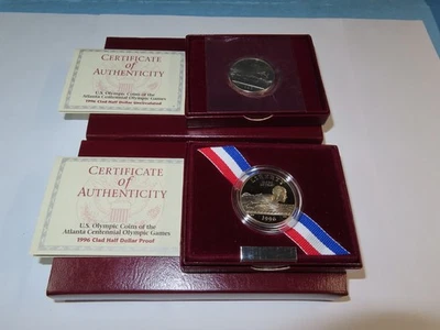 1996 S U. S. OLYMPICS SWIMMING HALF DOLLAR PROOF + UNCIRCULATED COINS W/ BOX COA - Image 1 of 4