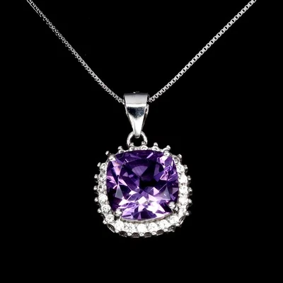 925 Sterling Silver Necklace Cushion Amethyst 10mm Zircon Gemstone jewelry - Image 1 of 4