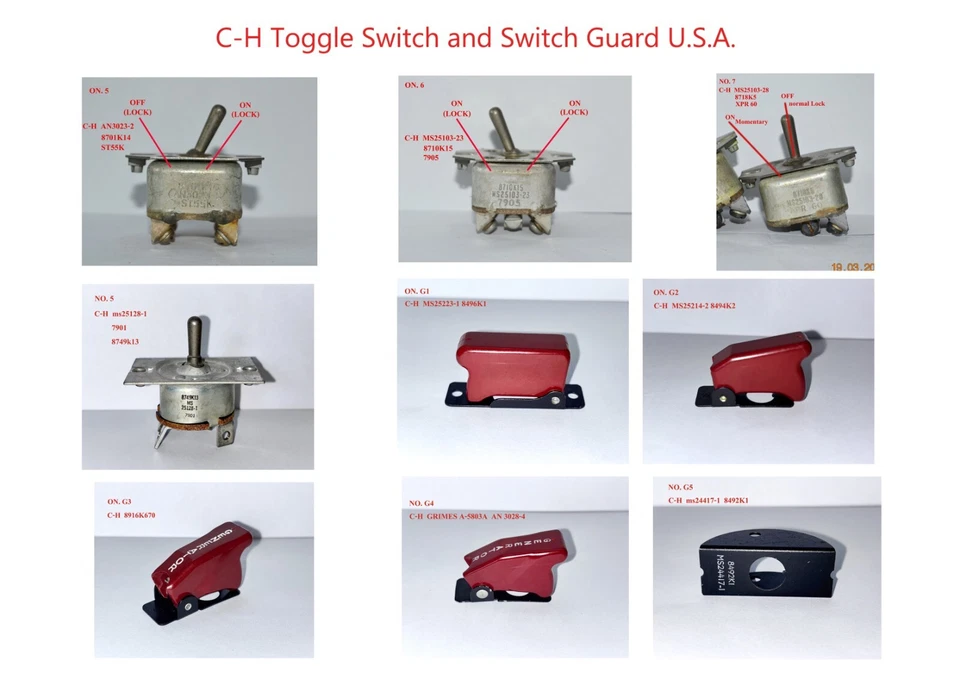 C-H Cutler Hammer Aircraft Toggle Switch 4 models and Switch Guard 5 model nos - Image 1 of 4