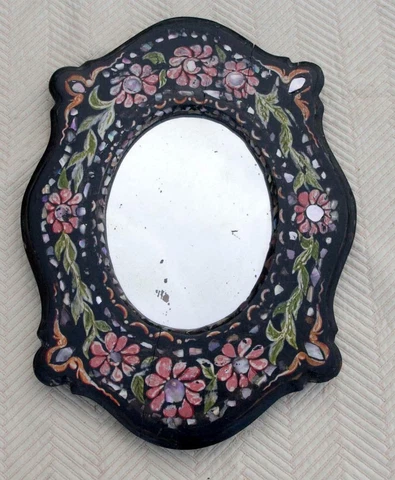 VINTAGE HAND PAINTED FLORAL INLAID MOP Folk Art  WOOD ORIENTAL MIRROR India ? Cover