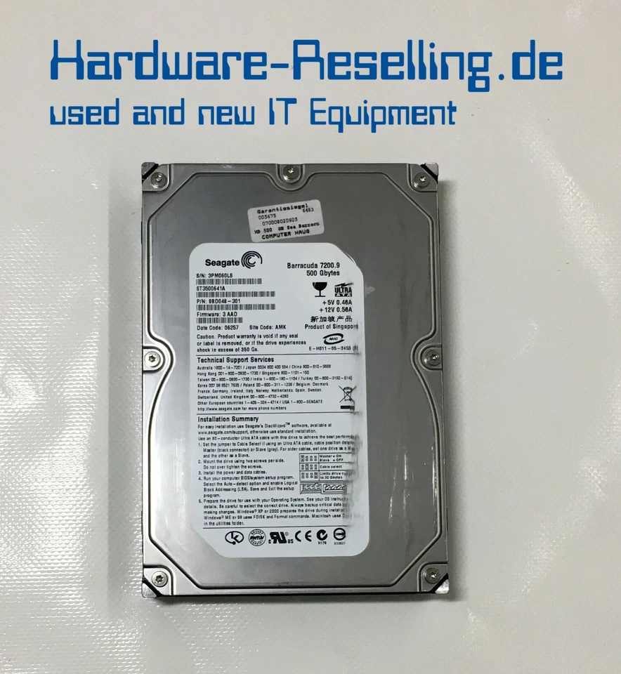 Seagate 500GB Barracuda 7200.9 3,5" 7.2K IDE Ultra ATA100 ST3500641A 9BD048-301 - Bild 1 von 1