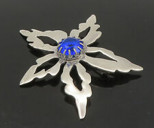 HANS HANSEN DENMARK 925 Silver - Vintage Blue Stone Flower Brooch Pin - BP9186