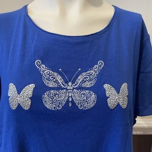 Karen Scott Woman Butterfly SS Embellished T-Shirt Size 2X Royal Blue Studded - Picture 1 of 8