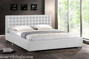 Modern White Faux Leather Queen King Platform Bed Frame Tufted Padded Headboard
