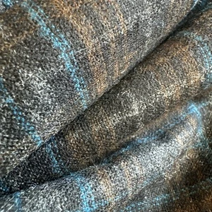 Wool Plaid Check Fabric Remnant 33x61 Gray Brown Blue Black Shirt Weight - Picture 1 of 19