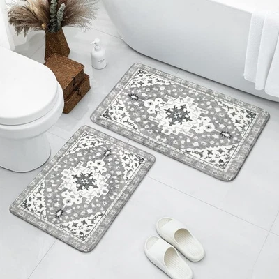 Juegos de alfombras de baño Boho vintage 2 piezas gris antideslizante suave alfombra de baño máquina con... Foto 1 de 4