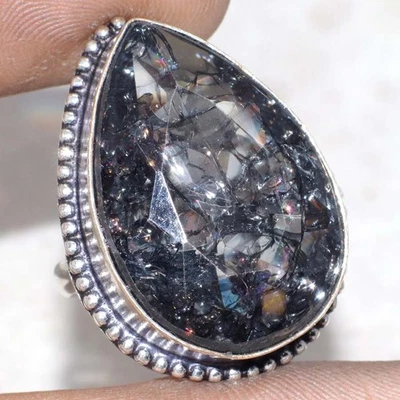 Кольцо с ограненным треснутым черным кристаллом покрытием из серебра 925 пробы с драгоценным камнем размер США 7 JW - Изображение 1 из 3