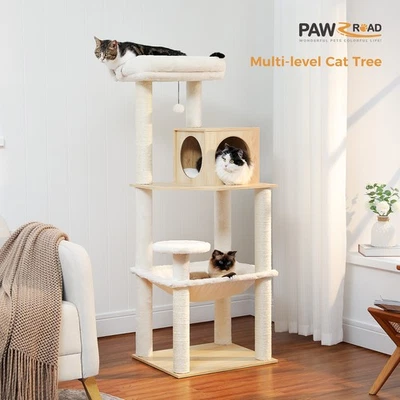 PAWZ Road Katzenbaum Holz 143 cm Moderner Kratzbaum mit großer Hängematte Beige